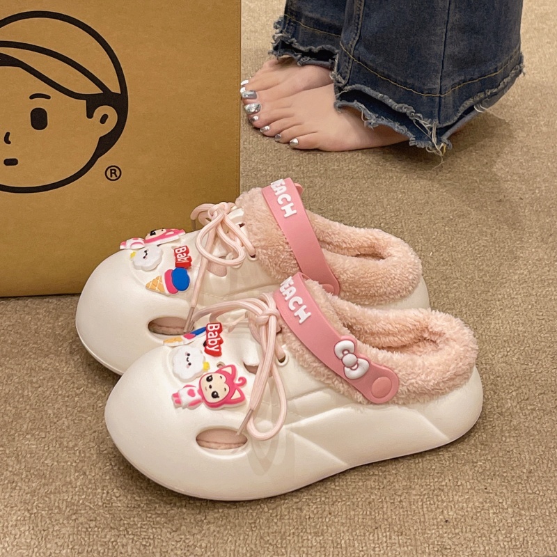 洞洞棉拖鞋女冬季外穿可爱卡通加绒保暖防水防滑厚底包头毛毛拖鞋