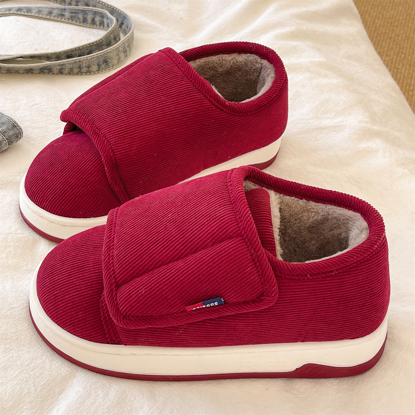 中老年魔术贴棉拖鞋女款冬季室内居家防滑防摔加绒保暖包跟棉鞋男