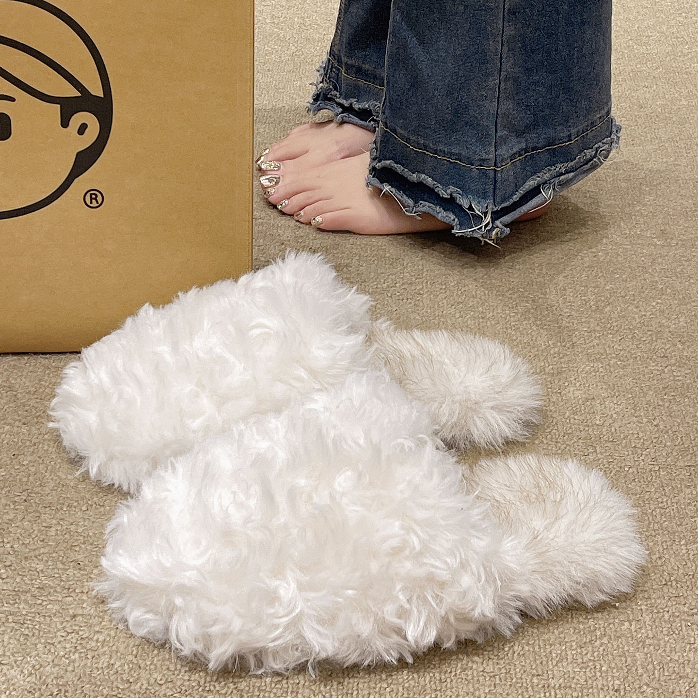 毛毛拖鞋女冬季外穿2025新款室内居家毛绒保暖软底防滑包头棉拖鞋