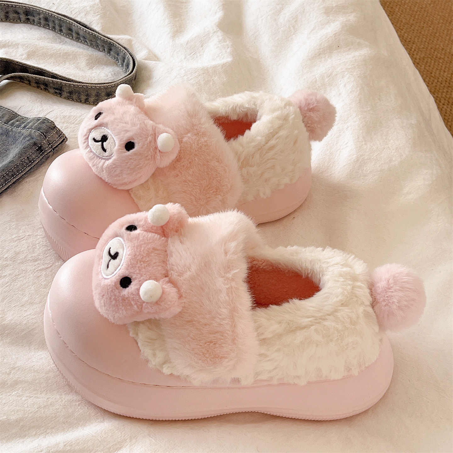包跟棉拖鞋女冬季外穿可爱小熊厚底增高保暖加绒室内居家防滑棉鞋
