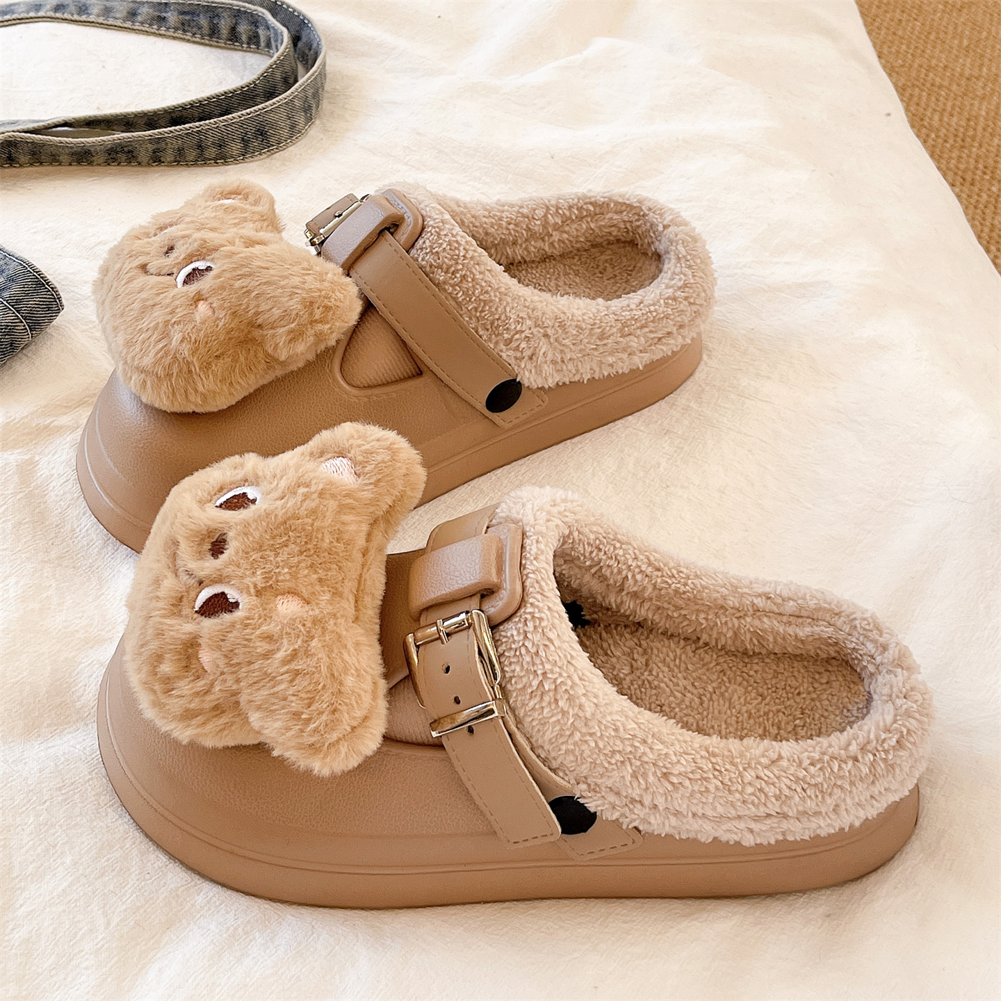 毛毛拖鞋女冬季卡通可爱小熊室内外穿厚底防滑加绒保暖包头棉拖鞋