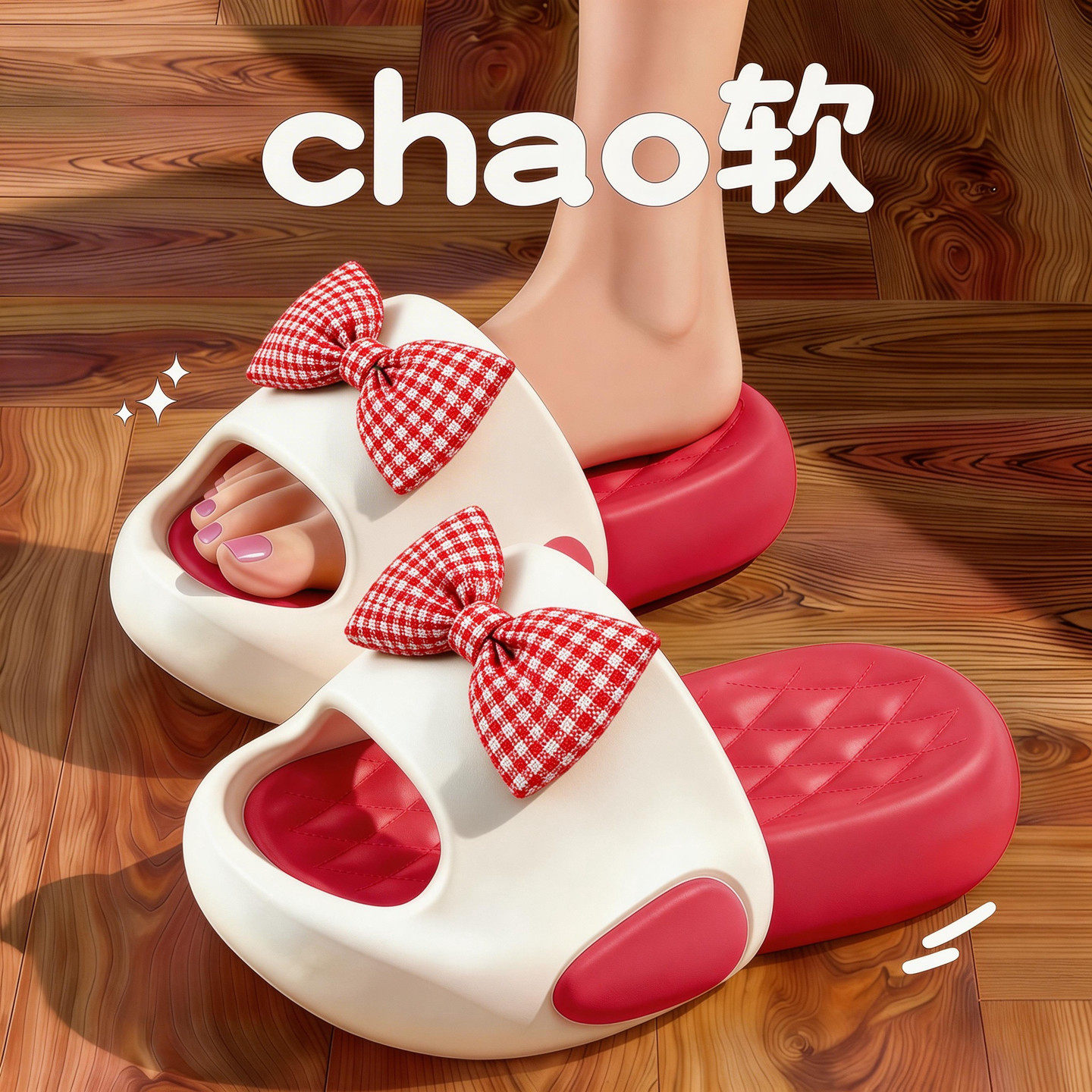 可爱格子蝴蝶结一字拖女夏季外穿厚底防滑休闲居家室内学生凉拖鞋