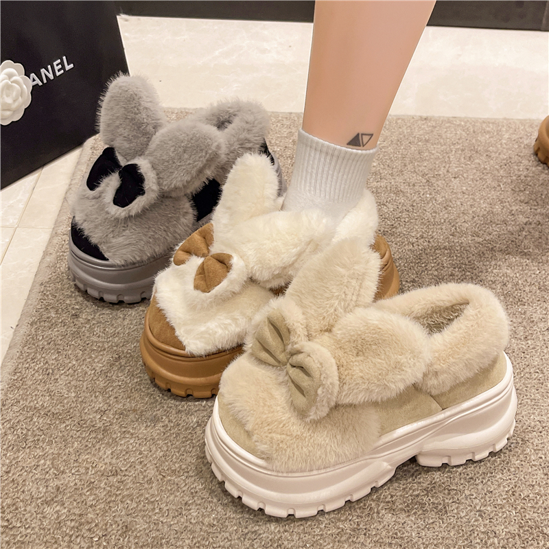 可爱蝴蝶结兔耳朵棉拖鞋女冬季室内外穿厚底防滑加绒保暖包跟棉鞋