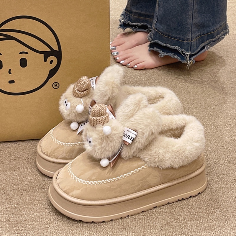可爱煤球棉拖鞋女冬季2025新款室内居家毛绒保暖高帮包跟棉鞋外穿