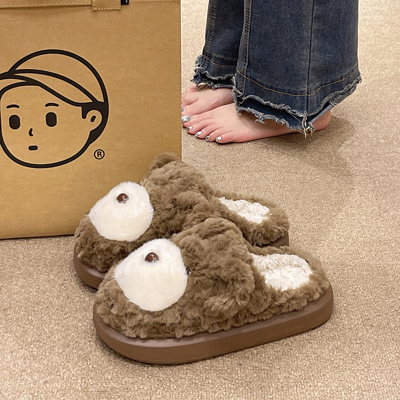冬季棉拖鞋女可爱卡通小熊毛绒保暖居家室内防滑外穿包头厚底拖鞋