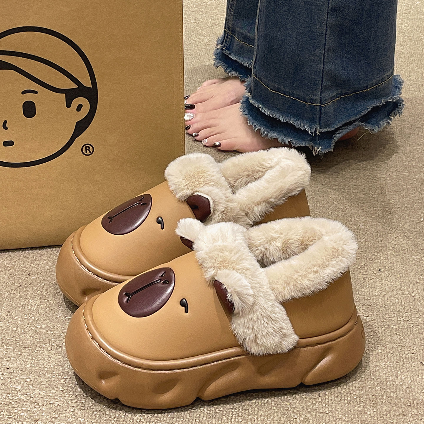 防水棉拖鞋女冬季可爱卡皮巴拉加绒保暖防滑厚底居家外穿包跟棉鞋