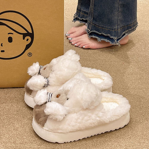 棉拖鞋女冬季外穿可爱围巾小熊室内居家厚底防滑保暖毛绒包头拖鞋