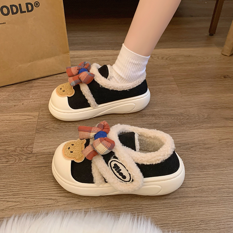 可爱小熊魔术贴棉拖鞋女士冬季保暖加绒室内外穿厚底包跟毛毛棉鞋