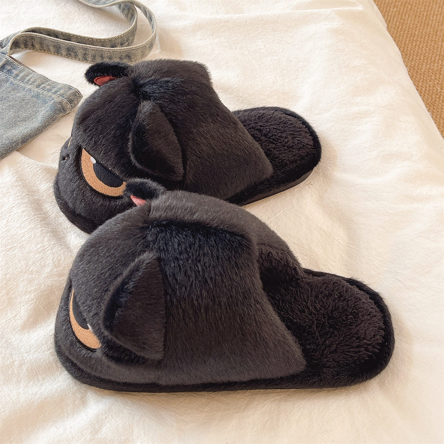 毛毛拖鞋女冬季可爱小黑猫包头防滑毛绒保暖室内居家情侣棉拖鞋男