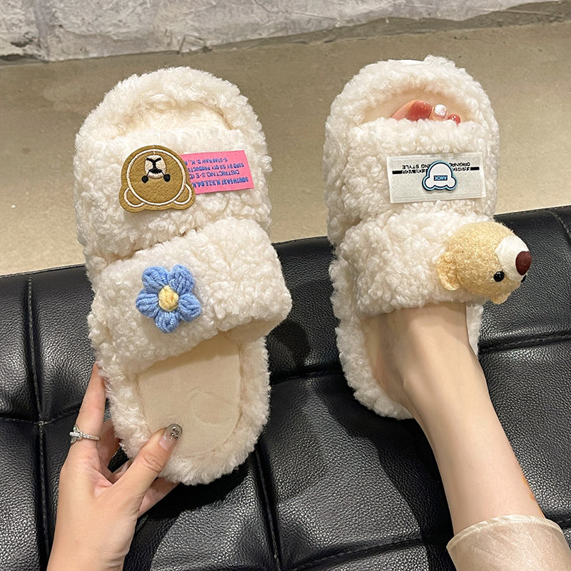 毛毛拖鞋女士秋冬季可爱小熊花朵双带室内家居软底防滑毛绒棉拖鞋
