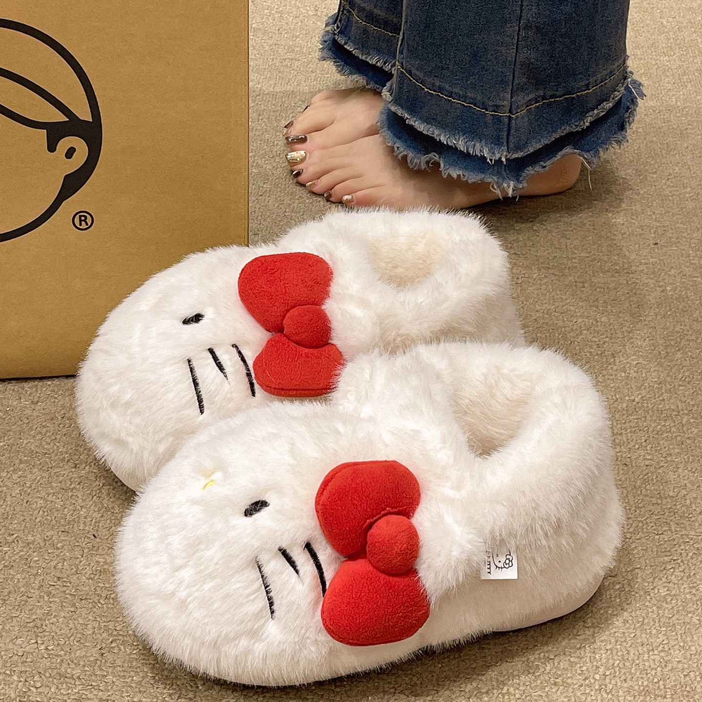 厚底棉拖鞋女士冬季可爱蝴蝶结猫咪室内居家防滑包跟保暖毛绒棉鞋