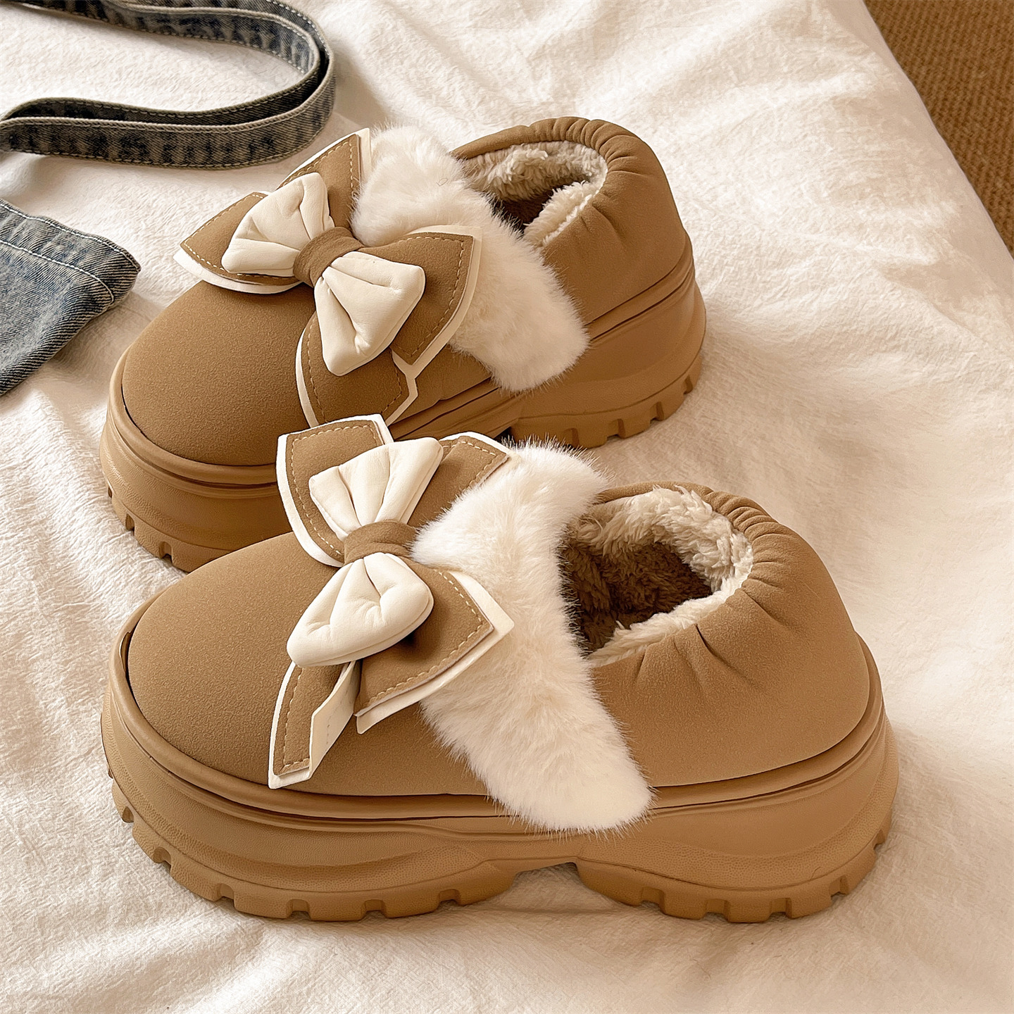 棉鞋女款冬季时尚蝴蝶结居家保暖加绒防滑外穿厚底增高包跟棉拖鞋