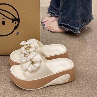 厚底增高一字拖女夏季 网红外穿时尚 蝴蝶结室内家居坡跟防滑凉拖鞋