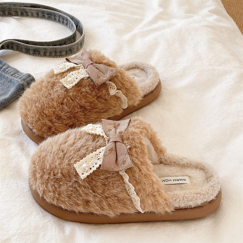 时尚珍珠蝴蝶结毛毛鞋女冬季防滑软底居家室内毛绒保暖包头棉拖鞋