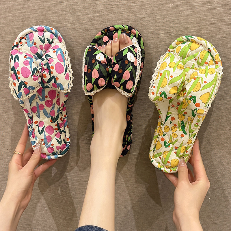 棉麻拖鞋女2025新款时尚蝴蝶结碎花居家室内静音平底防滑开口拖鞋,女鞋,一字拖,淘宝优惠券,粉丝福利购,淘宝优惠卷