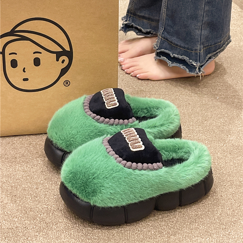 厚底高跟棉拖鞋女款秋冬季时尚外穿防滑室内家居毛绒保暖包头拖鞋