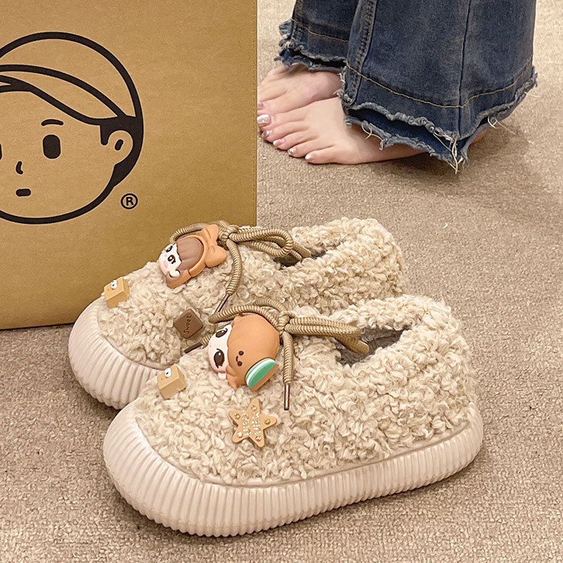 可爱女孩鞋带棉拖鞋女冬季外穿毛绒保暖室内居家防滑厚底包跟棉鞋