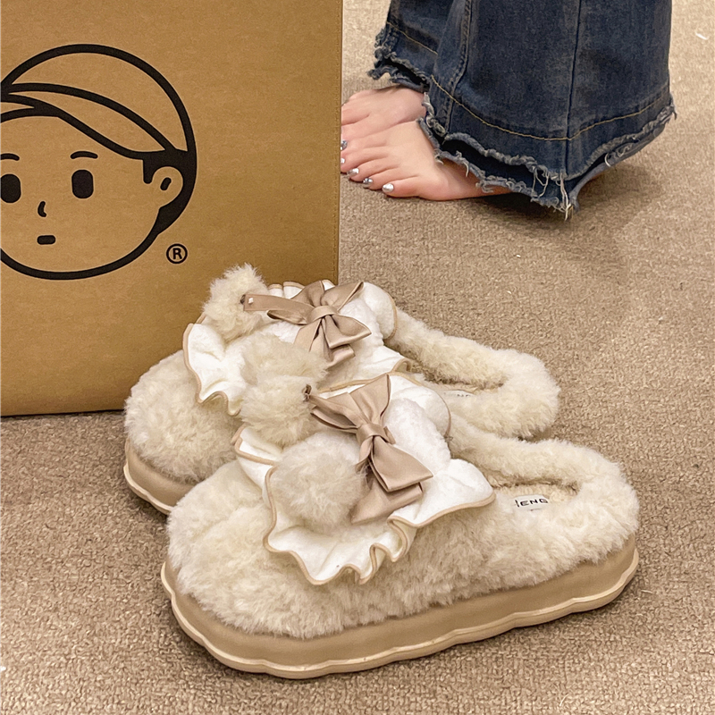 棉拖鞋女士冬季可爱蝴蝶结毛球室内家居毛绒防滑保暖包头厚底拖鞋