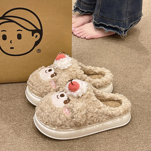 室内家居厚底毛绒保暖包头拖鞋 2025新款 女冬季 可爱卡通小熊棉拖鞋