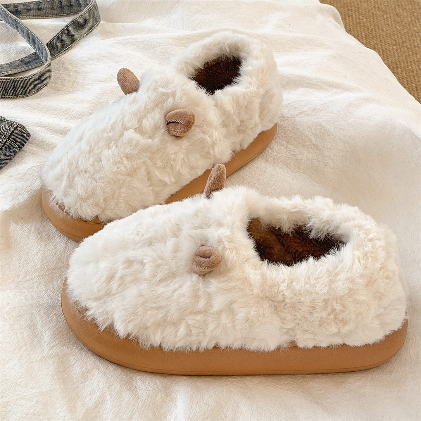 可爱兔耳朵棉拖鞋女款冬季室内居家防滑保暖加绒厚底包跟月子棉鞋