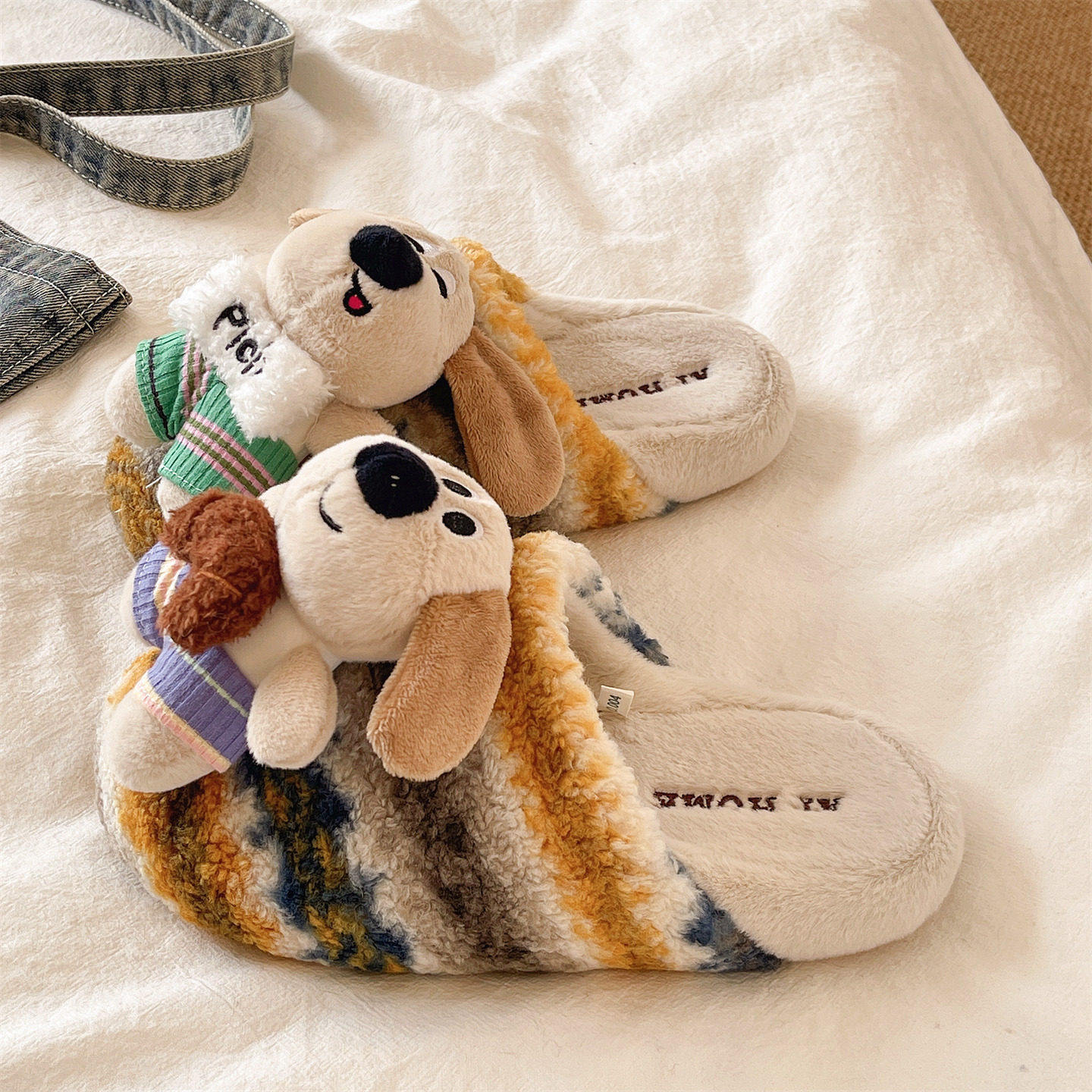 可爱小狗拼色毛毛拖鞋女冬季家居室内毛绒保暖防滑厚底包头棉拖鞋,女鞋,毛毛鞋,淘宝优惠券,粉丝福利购,淘宝优惠卷