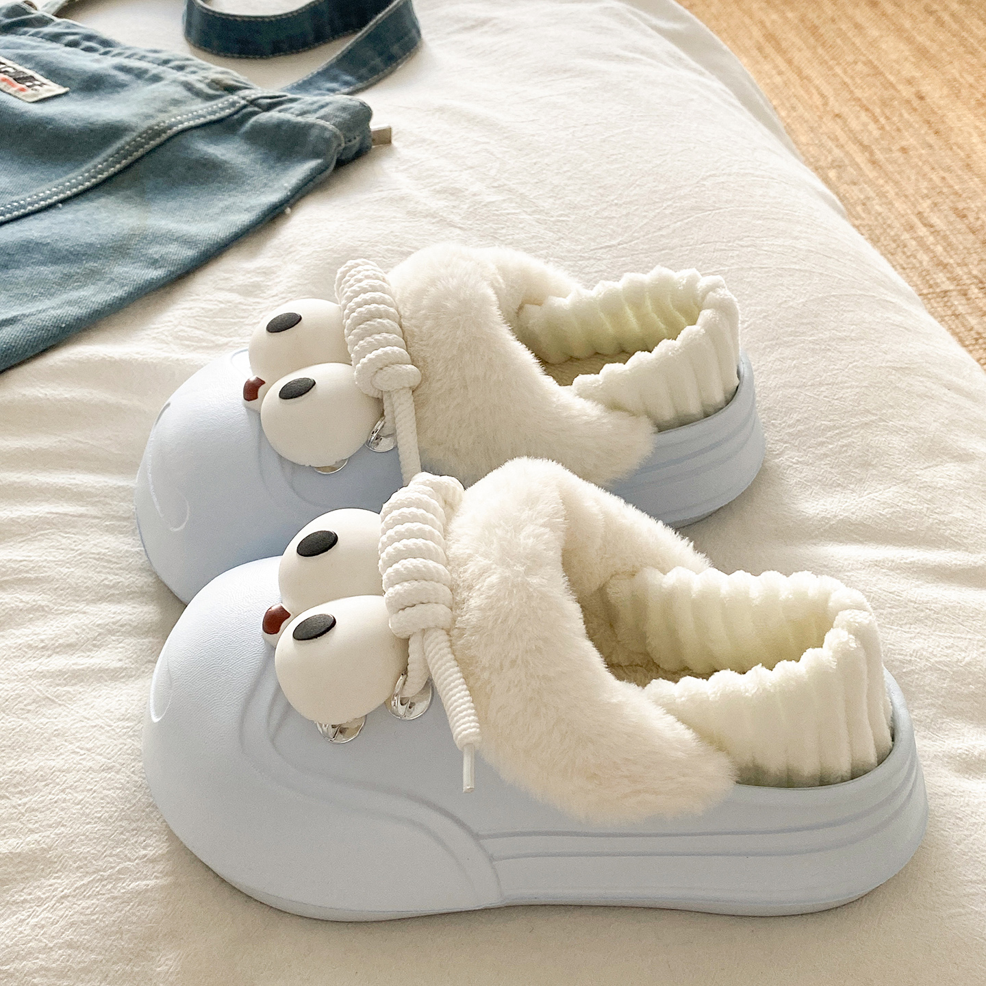 可爱大眼睛棉鞋女冬季包跟厚底防滑加绒保暖可外穿室内居家棉拖鞋