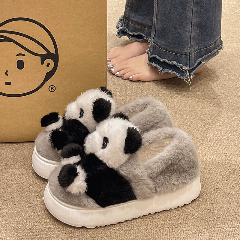 包跟棉拖鞋女冬季新款外穿可爱熊猫毛绒保暖居家室内防滑厚底棉鞋