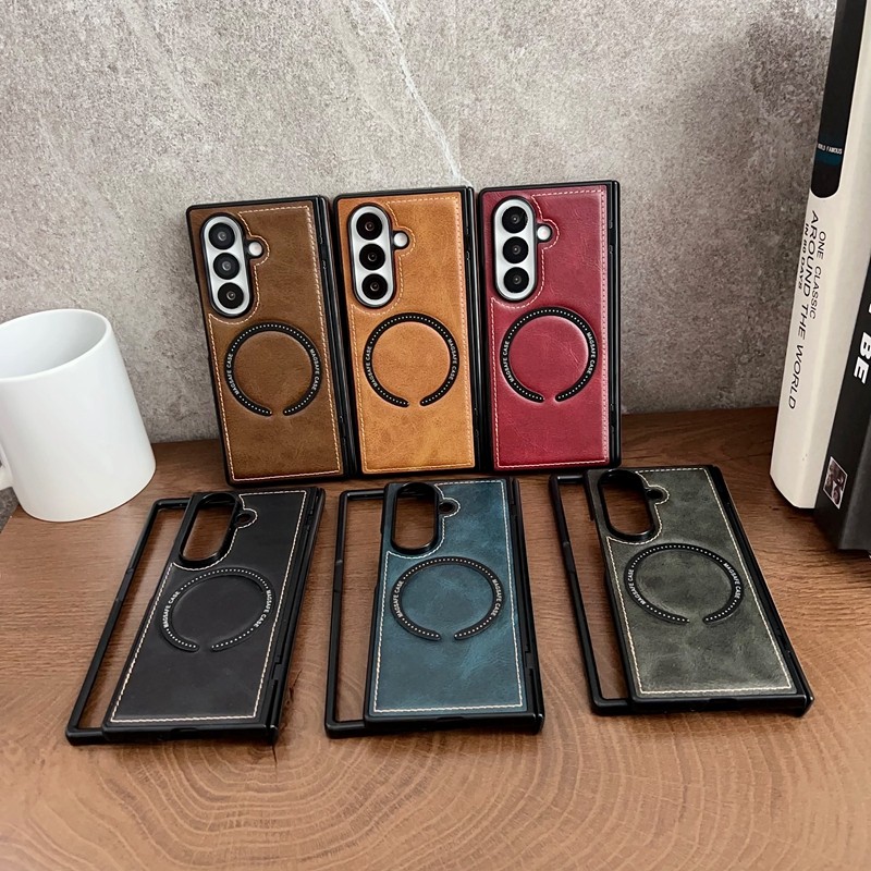 适用三星zfold7/6折叠手机壳复古皮纹磁吸简约商务个性创意全包中轴防摔zfold5/4/3男女款保护套潮