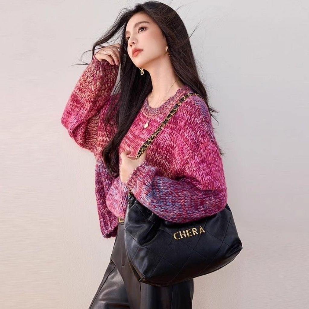 2025秋冬新款渐变彩虹色针织衫毛衣慵懒风宽松圆领毛衣打底衫上衣