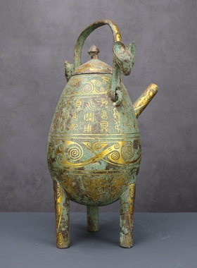 铜祥德制作博物馆古玩收藏青铜错金提梁盉家居特色礼品高档摆件