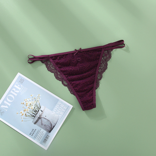 新款外贸酒红T裤欧美巴西半包臀 天鹅绒性感蕾丝低腰女士三角内裤