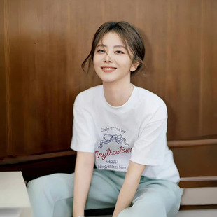 谭松韵同款 T恤女宽松显瘦百搭上衣女ins 2025新款 白色卡通印花短袖