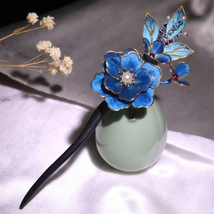 非遗绒花发钗黑檀木仿点翠发簪新中式掐丝绒花秀禾服新娘头饰