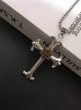 上帝之眼三角眼项链男潮个性嘻哈长款毛衣款复古唐草纹十字架吊坠