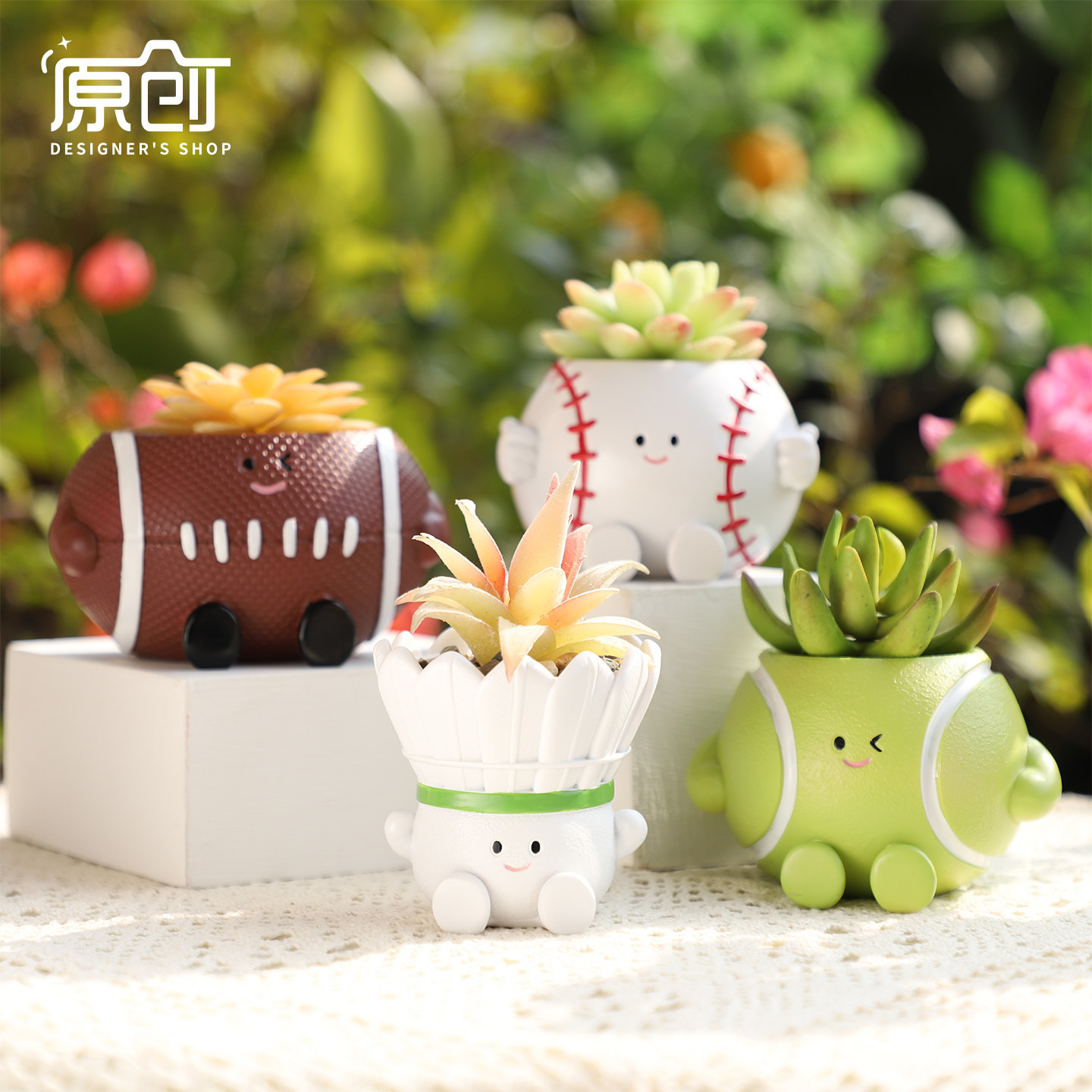 多肉花盆可爱羽毛球网球棒球橄榄球卡通笑脸个性创意桌面小花盆