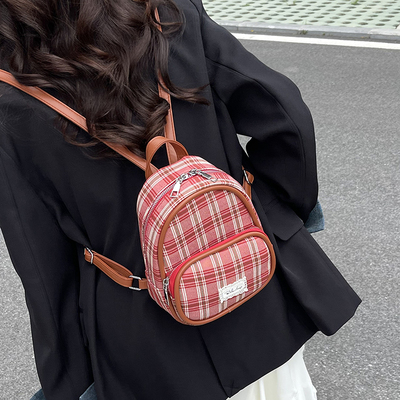 格子红色双肩包女士2025新款小背包小众设计可爱高颜值迷你小书包