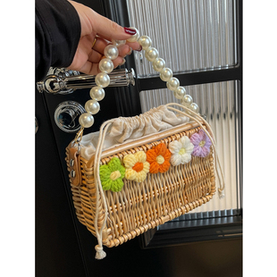 珍珠手提包编织包小众设计泰国旅游夏天沙滩度假风斜挎藤编盒子包