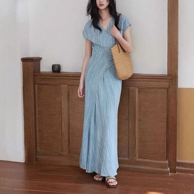 瑾艳仿炒色肌理短袖连衣裙女2025夏季女通勤大气纯色简约气质裙子