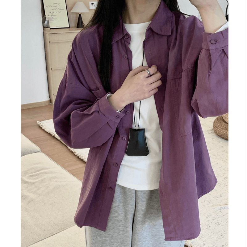 韩系外套紫色polo领长袖衬衫女2025春款休闲百搭减龄宽松显瘦上衣