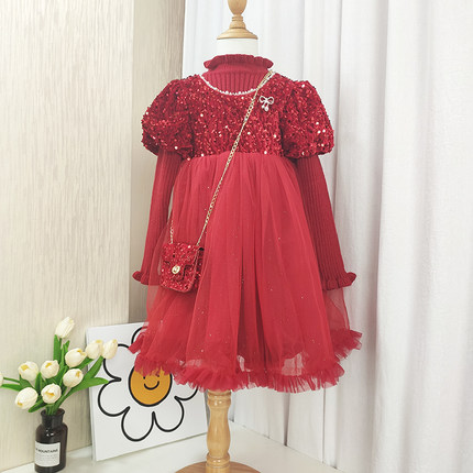 女童新年裙冬款红色亮片加厚长袖毛衣网纱洋气儿童长袖公主仙仙裙