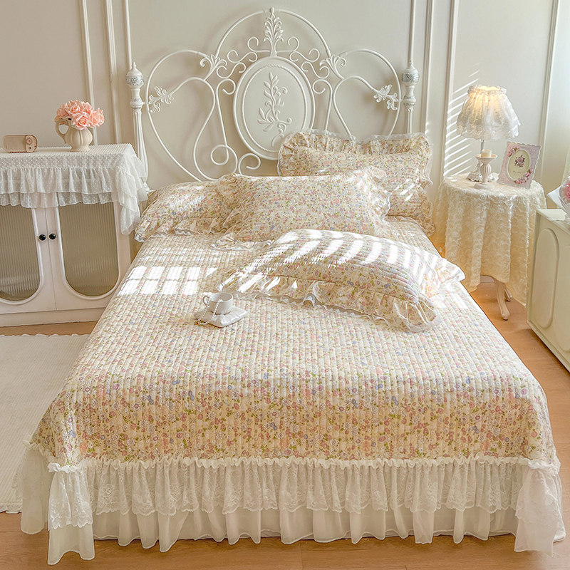 公主韩式纯棉花边床裙母婴级全棉夹棉床盖加厚床单三件套2025新款