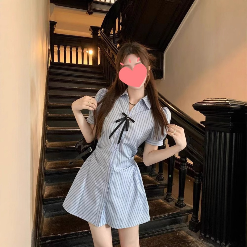 2025夏季学院风套装小个子收腰显瘦裙子条纹衬衫连衣裙女装两件套