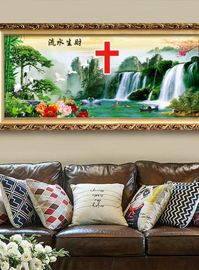 家居装饰画客厅背影墙壁画流水生财玄关十字架风景油画聚宝盆字画