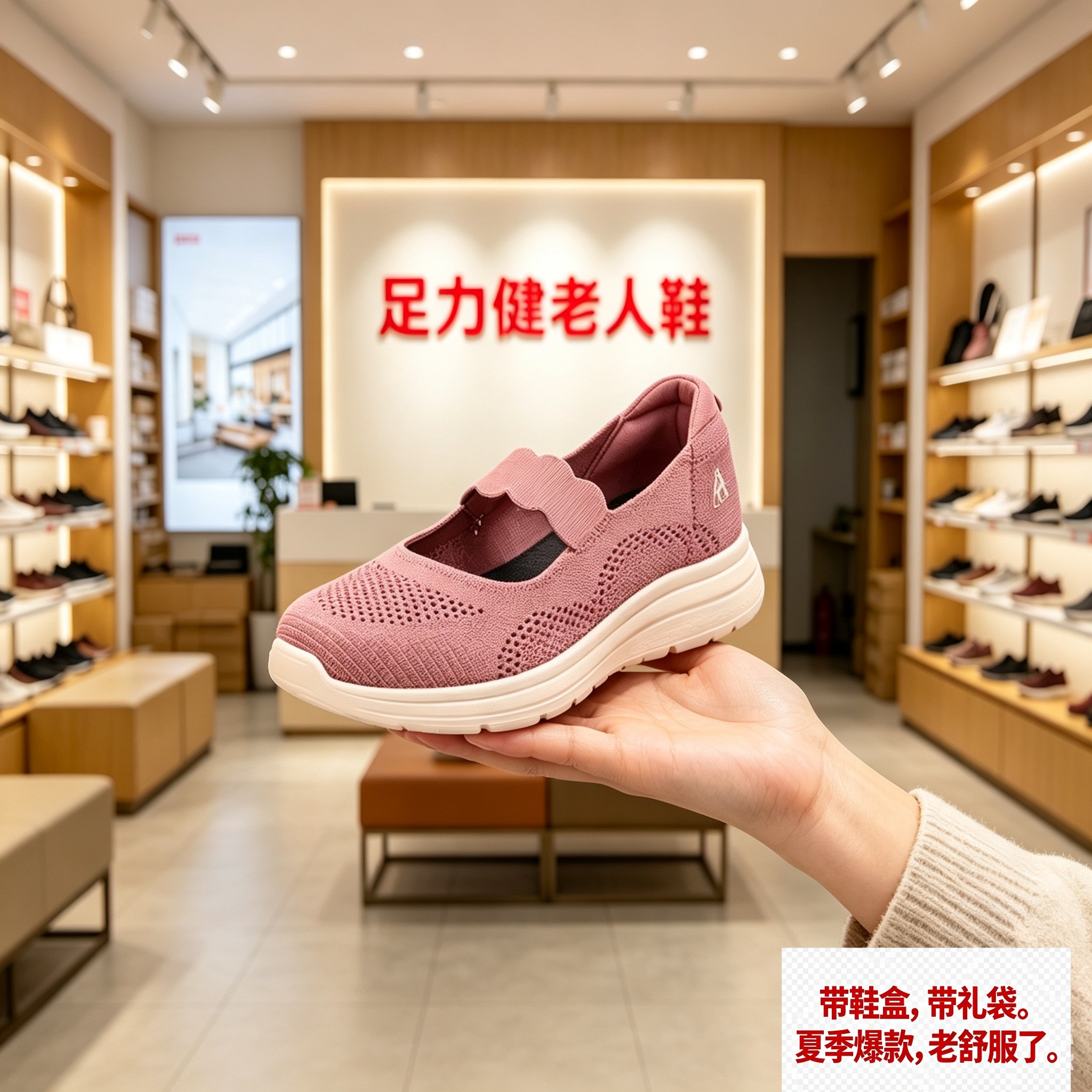 【专柜发货】足力健老人鞋一脚蹬妈妈鞋夏季透气不捂脚轻便软弹