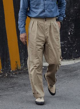 NON STOCK美式复古澳军加密磨毛纯棉斜纹裤两褶廓尔格休闲长裤男