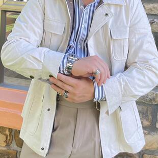 25春款 英伦复古补丁机车游猎夹克亚麻工装外套束腰猎装外套男