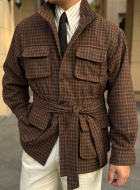 25春款秋冬复古毛呢猎装夹克英伦格纹复古多口袋痞帅中长款外套男