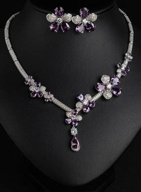 跨境锆石花卉项链镀金小众设计重工珠宝感女士舞会礼服锁骨链