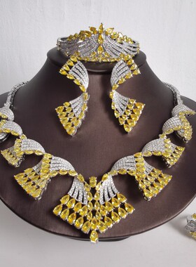 2023奢华复古黄色锆石项链耳环结婚首饰婚纱礼服宴会模特走秀饰品