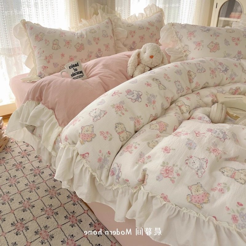 ins可爱风花边床上四件套纯棉全棉床单被套床笠双层纱宿舍三件套4,床上用品,床品套件/四件套/多件套,淘宝优惠券,粉丝福利购,淘宝优惠卷
